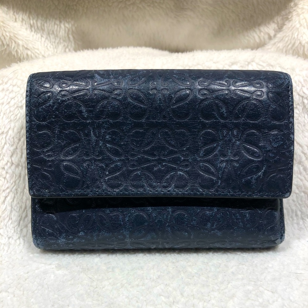 Loewe Embossed Logo Anagram Repeat  Short Tri-fold Wallet Dark Navy Blue Beauty!